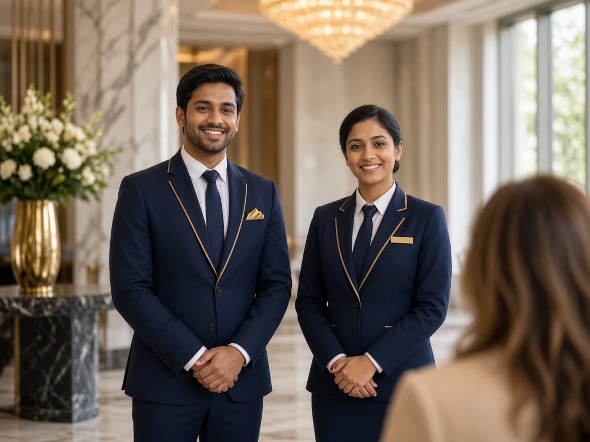 Hospitality staff in a premium hotel lobby